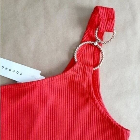 TOPSHOP | One Shoulder Crop Top Textured Ribbed Bright Red Sz 6 - Picture 3 of 6
